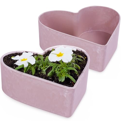 matches21 wetterfeste Pflanzschalen Herz für draußen - 2 STK. Dekoschalen in rosa marmoriert als Blumen-Schalen - Garten-Deko Schalen in 22 cm für Blumen Friedhof Grabschale als Grab-Schmuck