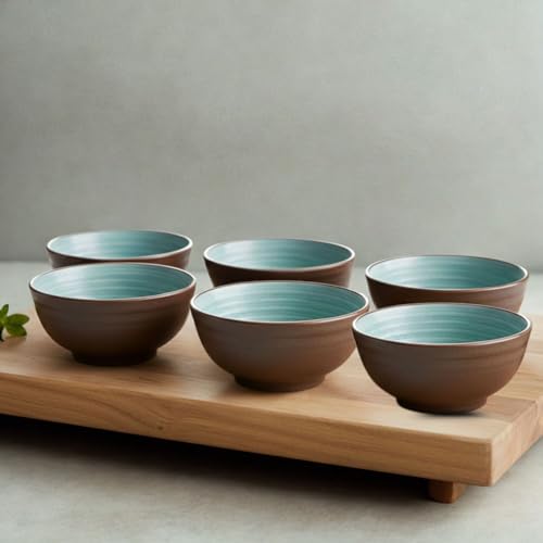 Image of Freakway 6-Piece Modern Stoneware Bowl Set, Rustic Brown & Turquoise Ceramic Bowls, Round Shape, Dishwasher Safe, Microwave Safe for Everyday Dining