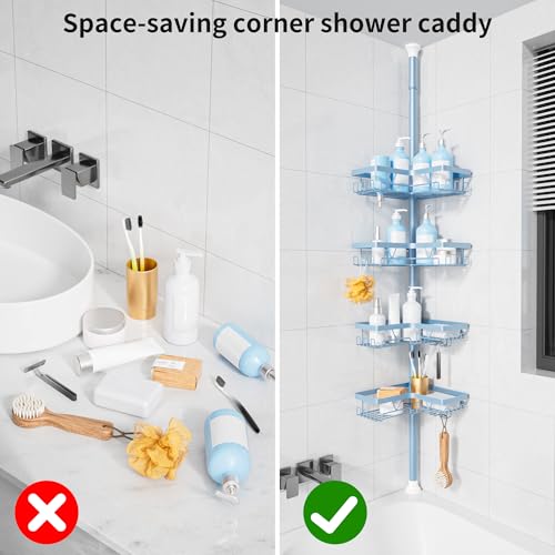 Image of KEGII Shower Caddy Tension Pole, 4-Tier Rustproof Adjustable Corner Bathroom Organizer for Renters, 25-114.2 Inch No Drill Space-Saving Shower Storage Rack, Blue
