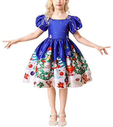 Adigau Robe de Noël Fille Manches Courtes Robe de Princesse Fille Ceremonie Anniversaire Robe Père NoëL Imprimé pour Soirée Carnaval Fête A3 10-11 Ans Cover