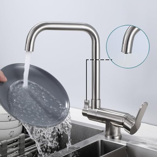 Grifo de Cocina de 3 vías, Mezclador de Cocina abatible Debajo de la Ventana, Grifo Giratorio, Agua Potable filtrada, Grifo de Cocina, Mezclador de 3 vías para Fregadero, Cepillado