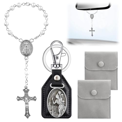 Hpbaggy Rosario de Coche para Espejo Retrovisor con llavero de San Cristóbal Bolsa de Regalo de Terciopelo Cadena de Oración para Colgar En El Interior Del Coche Decoración (plata)