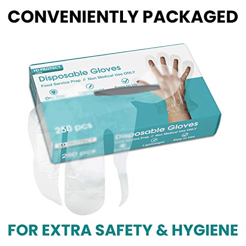 250 Pack Plastic Gloves - Best Value Food Prep Gloves Bulk Disposable Gloves Transparent Plastic Gloves Disposable for Food Service, Cleaning, Food Handling, Shared Spaces One Size Fits Most