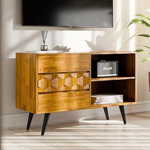 Bme Georgina 45 Inch Solid Wood TV Stand, Under 10 Minutes Assembly Entertainment Center with Storage, Geometric Pattern TV Console for Living Room, Bedroom, Dinning Room - Teak Brown Cover