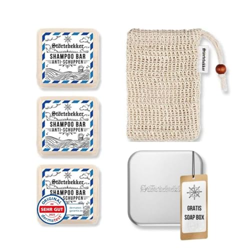 Störtebekker Premium Duschset - Festes Shampoo Anti-Schuppen (x3) Sisalsäckchen + GRATIS Seifendose Aluminium - Shampoo Bar Set für Haare & Kopfhaut - Handgefertigt in Seifenmanufaktur