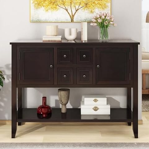 Knocbel Vintage Wood Console Table Buffet Sideboard with 4 Storage Drawers, 2 Cabinets & Bottom Shelf, Entryway Hallway Foyer Table Cupboard Coffee Bar Cabinet, 46" L x 15" W x 34" H (Espresso) Cover