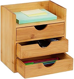 Relaxdays Bamboo Desktop Organizer, 3 Drawers, Desk Tidy, Office Storage Unit, Pen Holder, HxWxD: 21x20x13 cm, Natural, 1 Item