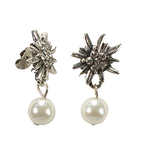 Traditional bavarian rhinestone Edelweiss stud earrings with pearl, Ladies costume jewelry, german flower pendant earrings for Dirndl, Oktoberfest (cream-white)