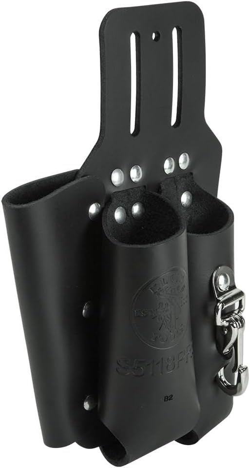 Klein Tools S5118PRS Leather Tool Holder with 3 Pockets for Pliers, Folding Rule, Screwdriver and Knife Snap, Fits Belts up to 2-Inch Wide