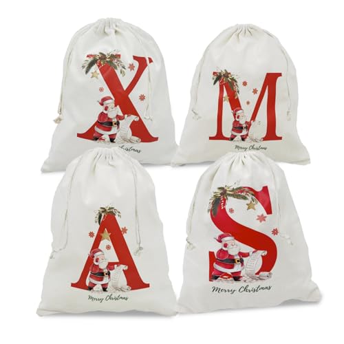 Cacchetti Regalo Natale, Sacco Babbo Natale Grande con Coulisse e Lettere, Sacchetti per Biscotti, Caramelle, Bustine Riutilizzabili (4pcs-XMAS)