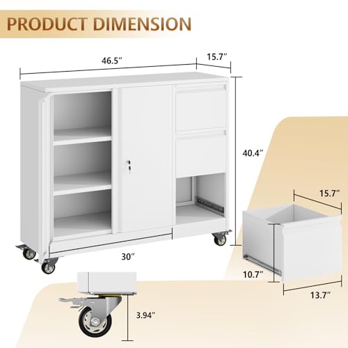 3 Drawer File Cabinet with Lock and Wheels,Metal Mobile Lateral Printer Stand with Adjustable Shelf ,Office Rolling Filing Organization and Storage Cabinet for Home Office, Living Dining Room,White - Image 3