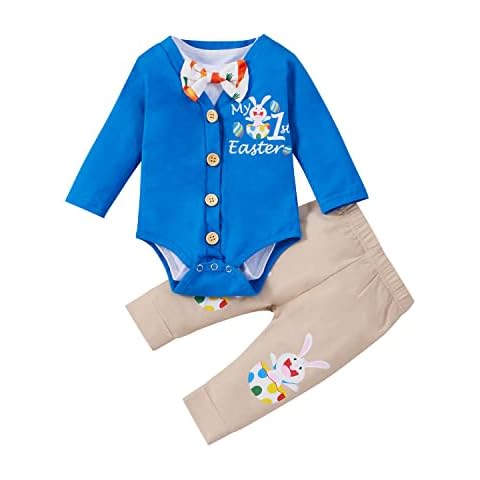 DUBASAM 3Pcs/Set Newborn Baby Boy Easter Day Outfit Bowtie Bodysuit Button Down Romper Bunny Pants Gentleman Clothes (light blue, 6-12 Months) Cover