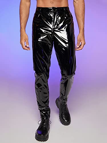 WDIRARA Men's Metallic High Waist Button Holographic Party Club Pants with Pockets3