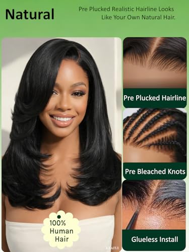 Image of KLAIYI Bye Bye Slip Side Part Yaki Straight Human Hair Glueless Precut 7x5 Lace Front Wigs Drawstring Blowout Feathered Layers Bangs Wig Pre Plucked Bleached Knots 30S Ready to Wear and Go Wig 14Inch