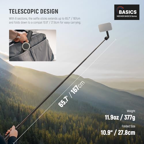 Image of NEEWER Basics 5.48' Magnetic Selfie Stick Tripod Compatible with MagSafe iPhone Android, Portable Travel Cell Phone Stand with Remote, One Button Unfold for Vlog Video Recording Streaming, PA989