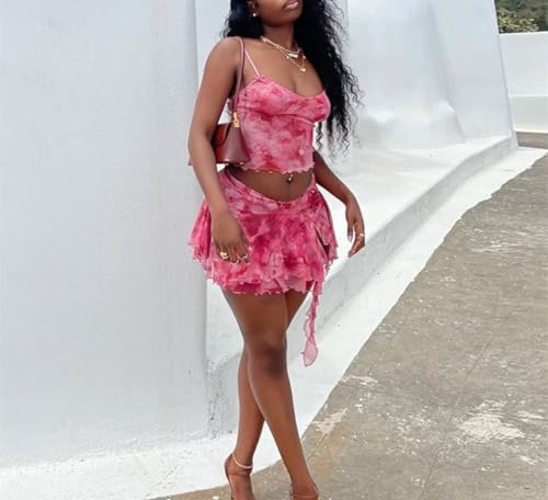 Xuan2Xuan3 Women's 2 Piece Summer Vacation Outfits Beach Spaghetti Strap Tops Split Mini Skirt Set3