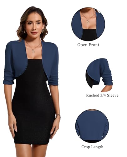 Image of MINTLIMIT Bolero Cardigans for Women Ruched 3 /4 Sleeve Open Front Cropped Cardigan Boleros Shrug Jackets for Evening Dresses