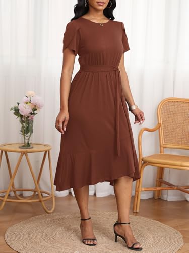 Image of PerZeal Women's Summer Dress Casual Ruffle Sleeve Crewneck A-Line Tiered Flowy Short Sleeve Long Dress with Belt