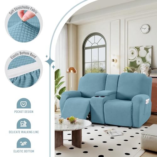 Image of TAOCOCO Recliner Loveseat Cover with Middle Console Sofa slipcover, Stretch Reclining Sofa Covers for 2 Seat Reclining Couch, Jacquard Pattern Soft Loveseat Slipcover Furniture Protector, Dusty Blue