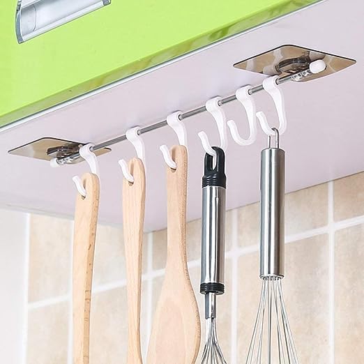 Antusias Self Adhesive Stainless Steel Rod with 6 Hooks Wall Mounted Utensil Hanging Rack Holder | Bathroom Towel Hanger | Kitchen Hanger Hooks (Steel Rail Hook) (B0BRJJC3J5) Amazon Price History, Amazon Price Tracker