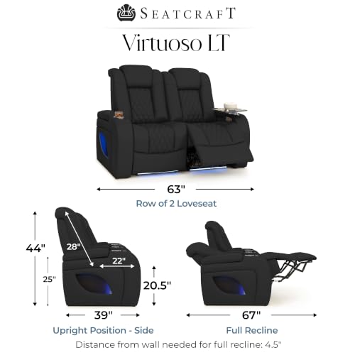 Image of Seatcraft Virtuoso LT Black Italian Leather Home Theater Seating, Zero Gravity Power Recliner, Powered Headrest and Lumbar Gaming and Home Office Chair Heat and Massage Lounge Sofa, Row of 2 Loveseats