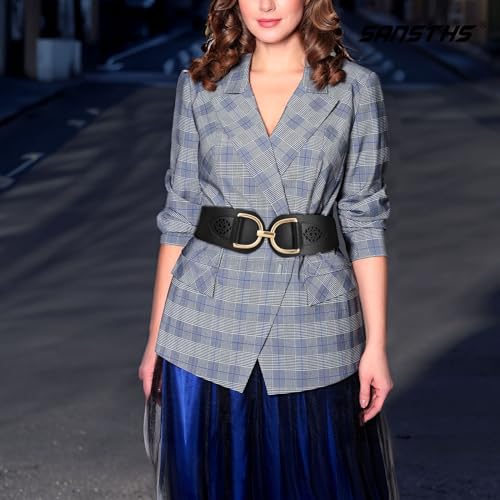 SANSTHS Vintage Women Stretchy Wide Belt Chunky Buckle Elastic Wide Waist Belts for Dresses Coats