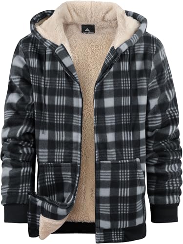 Image of ZITY Heavy Thick Hoodies for Men Plaid Flannel Warm Sherpa Fleece Lined Winter Full Zip Up Coat
