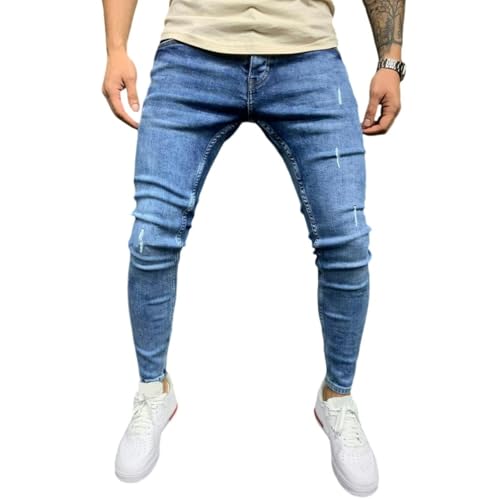 Jeans Pants Trouser Denim Ripped and Worn Out Trendy Street Wash Blue Stretch Tight Fitting for Men
