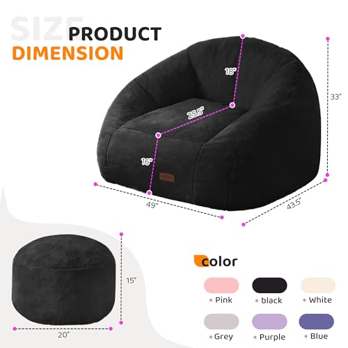 Image of HABUTWAY Bean Bag Chair, Giant Bean Bag Chairs for Adults with Ottoman, Comfy Faux Fur Shell-Shaped Bean Bag Couch, Sofa Chair for Living Room, Bedroom, Black