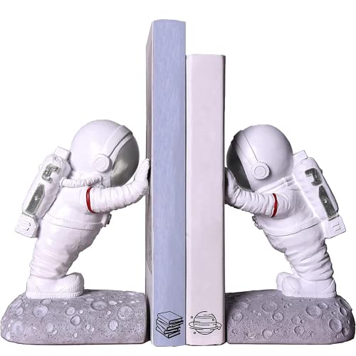 Image of Joyvano Astronaut Bookends - Space Decor Bookends for Kids Rooms - Unique Book Holders with Anti-Slip Base (Silver)