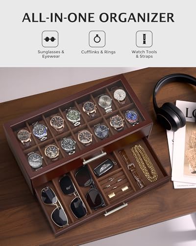 ProCase Coffret Montres 14 Emplacements avec Tiroirs Coulissants Superposés, Boîte à Montres avec Couvercle Transparent, Rangement Élégant pour Montres et Accessoires -Brun Café – vue 4