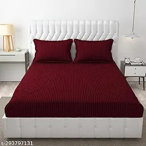 Evan Cotton Cotton Striped Plain Color Double Size Bedsheet for Double Bed with Two Pillow Covers for Home I Hotels Rooms I Guest House 90x100 Inch Maroon Color