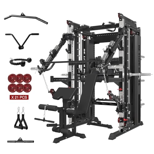 Commercial Smithe Machine with Adjustable Weight Bench Combo,Power Cage Squat Rack Home Gym System with Leg Press Attachment,Linear Bearing Cable Crossover with Dual Pulley System for Home Gym,Black