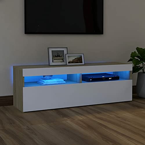 Norheim Meuble TV LED, Meuble TV,Meuble TV scandinaves,Meuble TV Moderne,Banc TV,Meuble TV avec lumières LED, Armoire Basse Centre de Divertissement,Blanc et chêne Sonoma 120x35x40 cm Cover