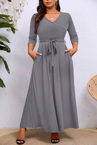 Image of Runwind Plus Size Dress for Women - 3 /4 Sleeve V Neck Maxi Dresses for Women (XL-6XL)