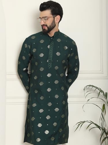 Image of SOJANYA Since 1958 Men's Cotton Silk Sequinned Embroidered Long Kurta
