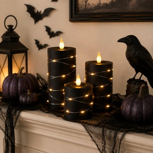 Image of Homemory Black Flameless Candles with Fairy Lights, Remote Timer, Set of 5