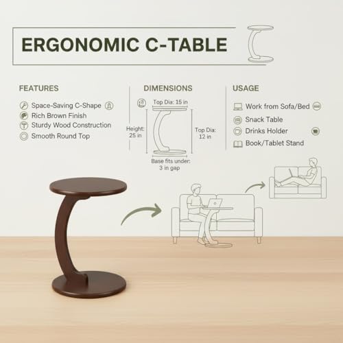Image of Modern C-Shaped Side Table for Sofa & Bed | Brown Laptop Snack Table | Space-Saving Couch Side End Table for Living Room Bedroom | Portable Coffee Table for Home Office (C Brown)