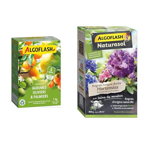 ALGOFLASH Engrais Agrumes, Olivers, Palmiers, Longue Durée, 1 kg, MED1R & NATURASOL Engrais Hortensias, Rhododendrons et Azalées, Longue durée 5 mois, Jusqu'à 20 m², UAB, 800 g, ABIOHOR800