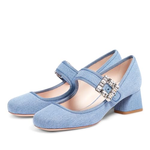 Fravonkass Women's Fashion Chunky Heel Mary Jane Pumps Chic Crystals