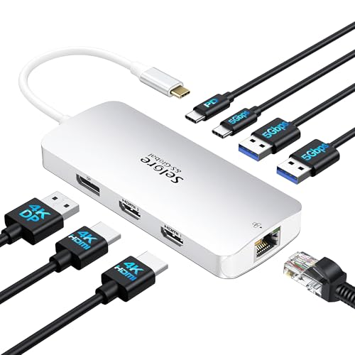 Image of USB C Docking Station Dual Monitor, Selore Docking Station 3 Monitors Triple 4K Display with 2 HDMI, DisplayPort, 1 Gbps Ethernet, 100W PD Charging, USB 3.0 Ports Adapter for Dell, HP, etc(Silver)