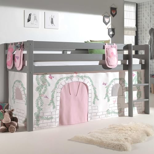 Vipack Spielbett Pino mit Textilset Vorhang und 3 Taschen Birdy Kiefer massiv grau lackiert