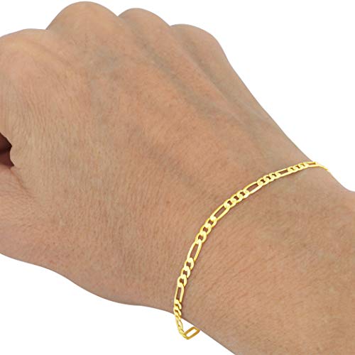 Nuragold 14k Real Yellow Gold Figaro Link 3.5mm Chain Bracelet (7"-9") Italian Jewelry for Men & Women3