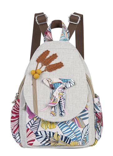 Image of Small Canvas Backpack, Retro Boho Washed Hippie for Women Daily Commute (Colorful Elephant Decorations)