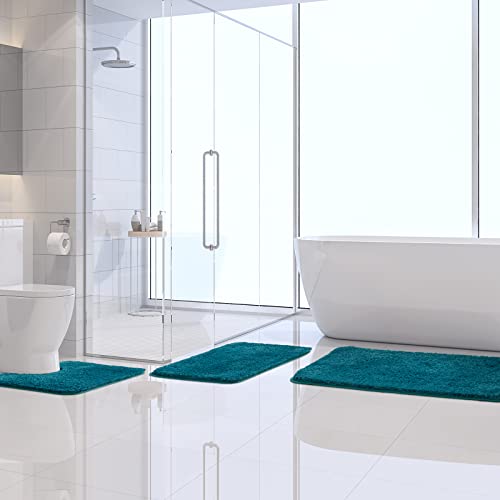 Miulee 3 Pieces Bathroom Rugs And Mats Sets Extra Thick Non Slip Microfiber Bath Mats And U-Shaped Contour Toilet Rug For Bath Room Floor Restroom,20"X30"+16"X24"+20"X20", Teal #TOP7