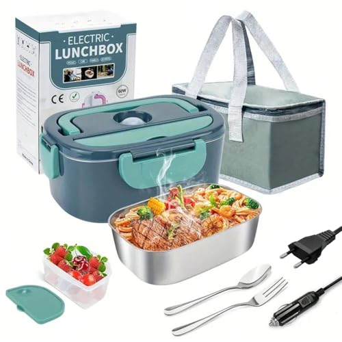 Marmita Elétrica Portátil, Com bolsa de transporte, Lancheira Térmica 12V/110V-220V, Aço Inoxidável, 22x15cm, Cinza e Verde