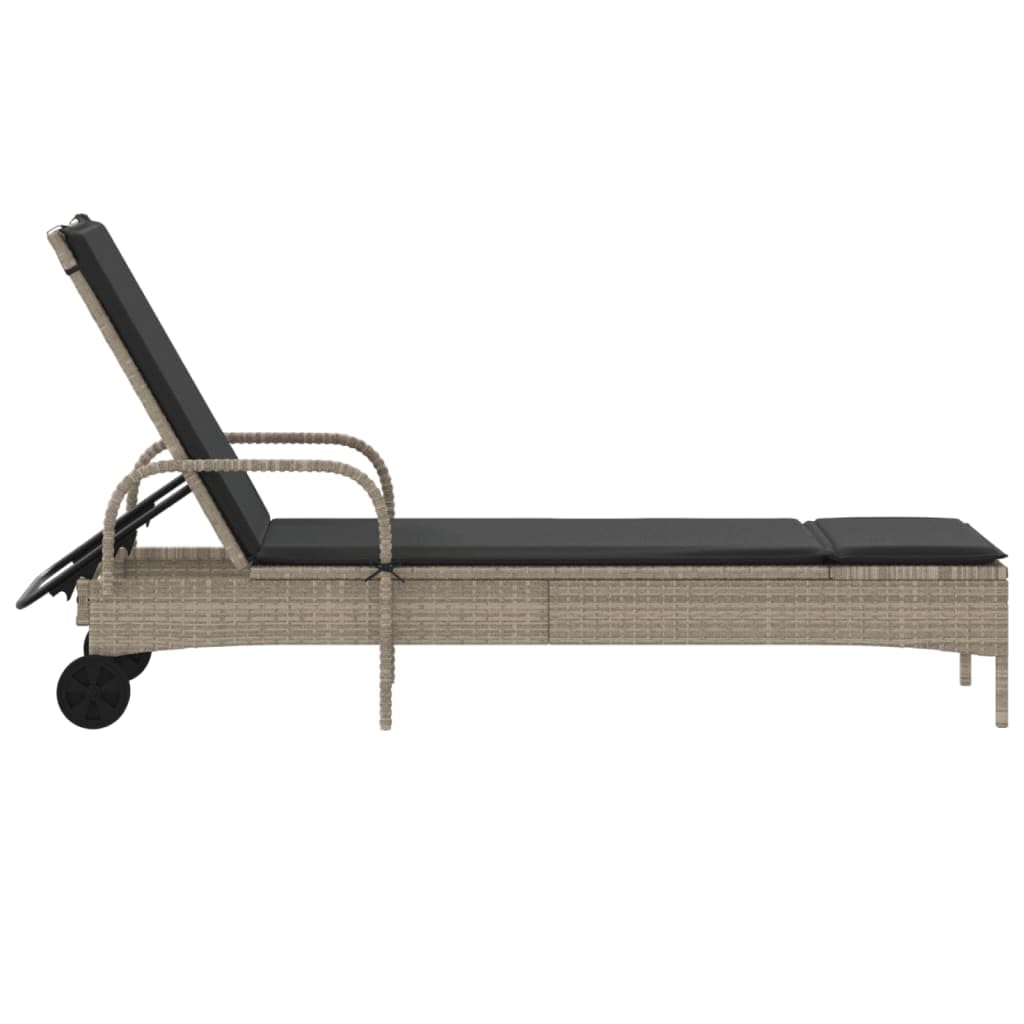 Lettino Prendisole con Ruote e Cuscino Polyrattan Grigio Chiaro Letto Relax da Giardino con Schienale Regolabile 3 Posizioni, Sdraio da Esterno con Ruote, Resistente ai Sfoderabile Lavabile 110kg