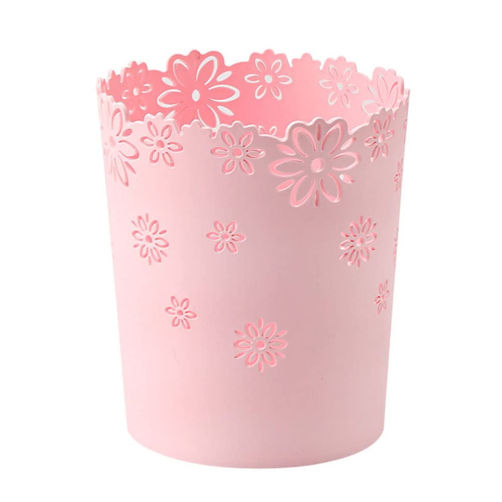 Beahing Large Pink Plastic Trash Can: Hollow Flower Wastepaper Basket Round Lidless Garbage Container Bin For Home Office (Pink)