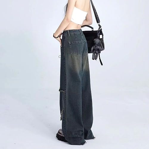 Low Rise Baggy Jeans for Women Goth Emo Pants Y2K Dark Retro Straight Wide Leg Pants with Star Loose Fit Streetwear4