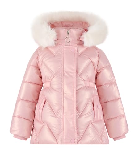 Image of Maeau Toddler Girls Winter Jacket Coat Fleece Lined Hooded Shiny Down Jacket Long Sleeve Parka Outdoor Coat Puffer Outerwear with Faux Fur Hood Pink 4-5 Years